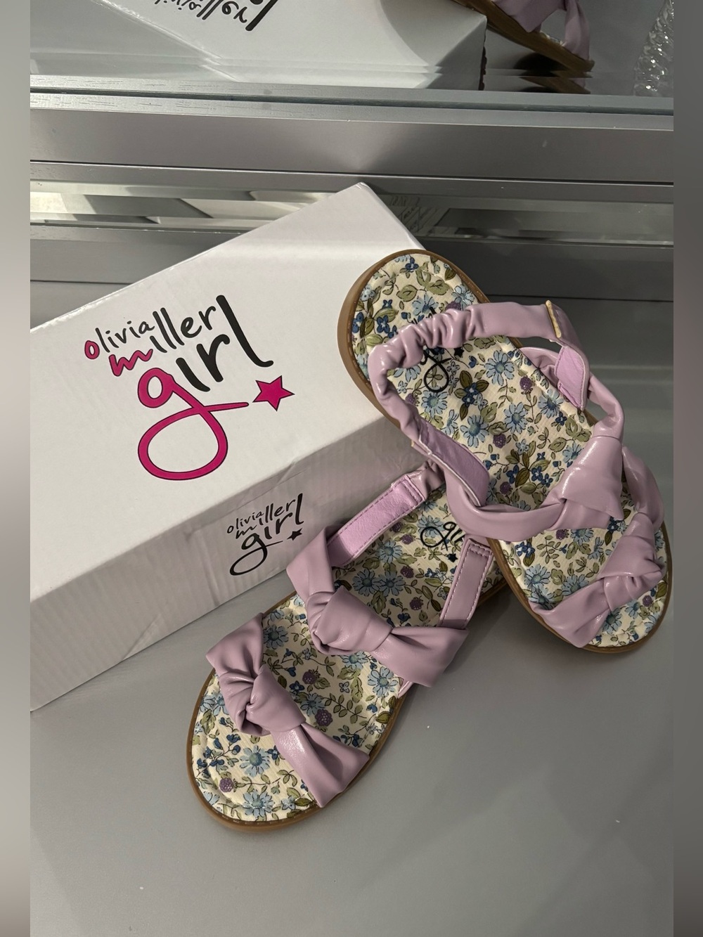 Olivia Miller Girls Pastel Lilac Bow Floral-Print Sandals